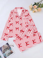 Two-piece Set Women's Bow Print Button Front Pocket Shirt & Elastic Waist Pants Pajama, Casual Comfy Long Sleeve Lapel Neck Top & Trousers Pj Set