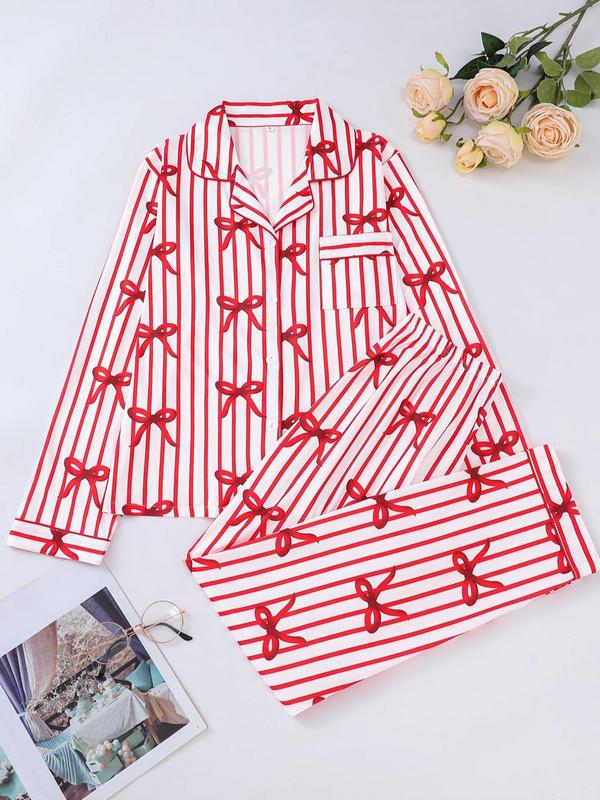 Two-piece Set Women's Bow Print Button Front Pocket Shirt & Elastic Waist Pants Pajama, Casual Comfy Long Sleeve Lapel Neck Top & Trousers Pj Set