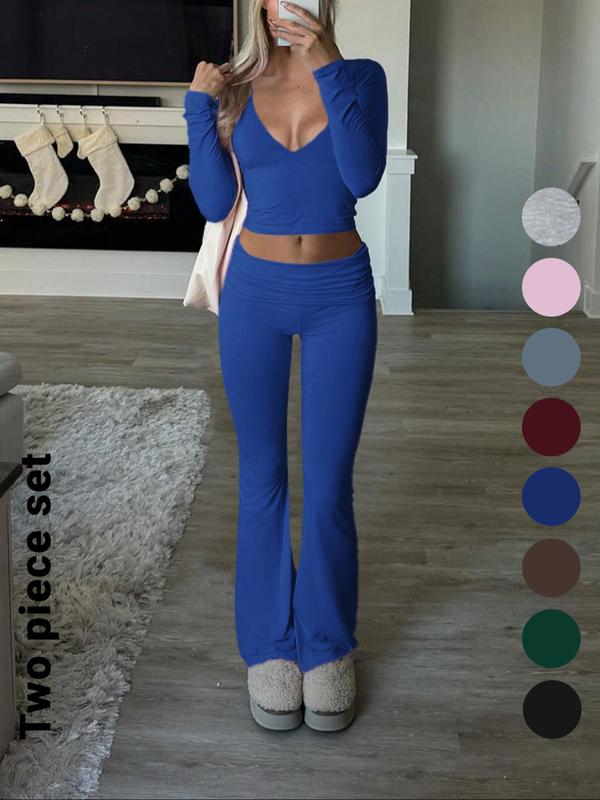 Elegant Casual V-Neck Long Sleeve Two-Piece Set, Slim-Fit Crop Top & Pants for Fall Winter, Moderate Fabric, Plain Color Design