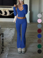 Elegant Casual V-Neck Long Sleeve Two-Piece Set, Slim-Fit Crop Top & Pants for Fall Winter, Moderate Fabric, Plain Color Design