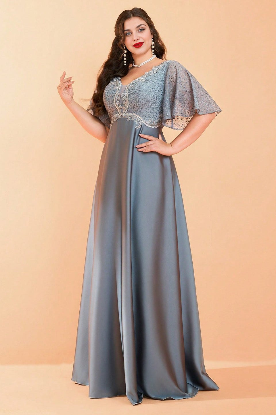 Curveins Plus Size V-Neck Batwing Sleeve Patchwork Maxi Dress