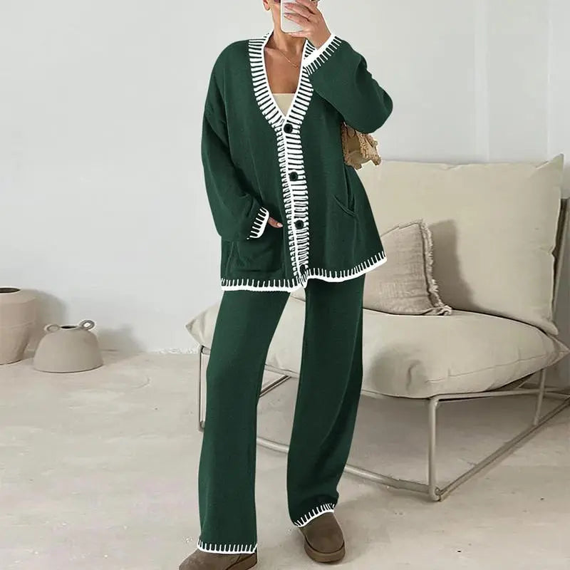 Women's 2 Piece Set Winter Knit Outfits Matching Loungewear Long Sleeve V Neck Cardigan Sweaters Wide Leg Pants Tracksuits