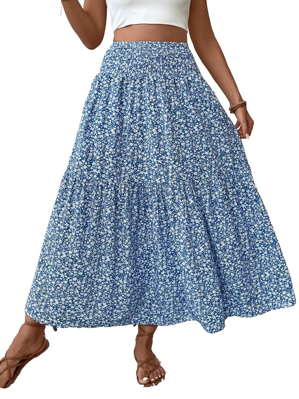 Women's Floral Casual A-Line Skirt, Elastic Waist Pockets, Leaf Hem, Long Fitted Skirt, Fashionable Mid-Length Dress