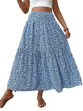 Women's Floral Casual A-Line Skirt, Elastic Waist Pockets, Leaf Hem, Long Fitted Skirt, Fashionable Mid-Length Dress