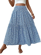 Women's Floral Casual A-Line Skirt, Elastic Waist Pockets, Leaf Hem, Long Fitted Skirt, Fashionable Mid-Length Dress
