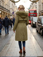 Women's Fall Winter Warm Fashion Mid-Length Parka Coat, Faux Fur Collar Drawstring Waist Belt, Windproof Waterproof Cold-Resistant