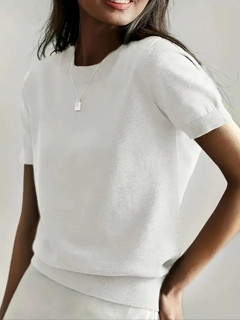 Women's Solid Color Crew Neck Short Sleeve Sweater, Casual Basic Knit Pullover for Spring & Fall, Fashion Women's Knitwear for Daily Wear, Womenswear