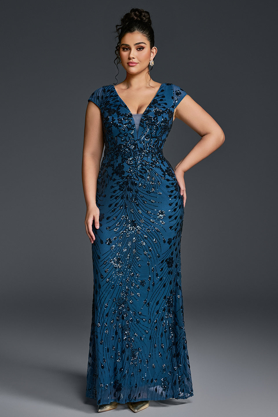 Curveins Plus Size V-neck and Waist Cinch Sequin Maxi Dress