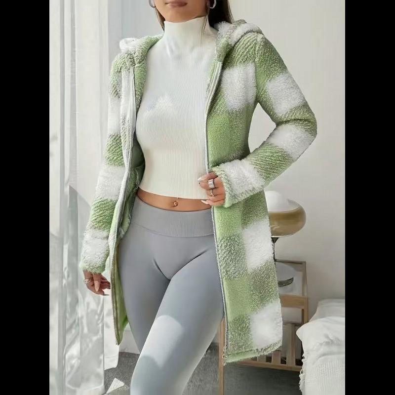 Women's  Plaid & Fluffy Trim Zip Front Hoodie Jacket, Ladies Casual In Fall/Winter
