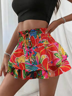 Women's Floral Print Woven Fabric Frill Trim Shirred Tiered Layer Shorts, Casual Lightweight Loose High Waist Tie Front Drawstring Wide Leg Shorts for Spring & Fall, Women's Bottoms for Daily Wear, 1 Piece Womenswear