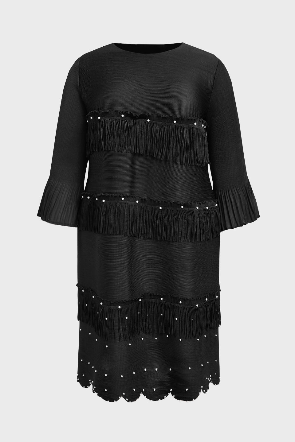 Curveins Plus Size Round Neck Fringe Detail Elegant Loose Pleated Midi Dress