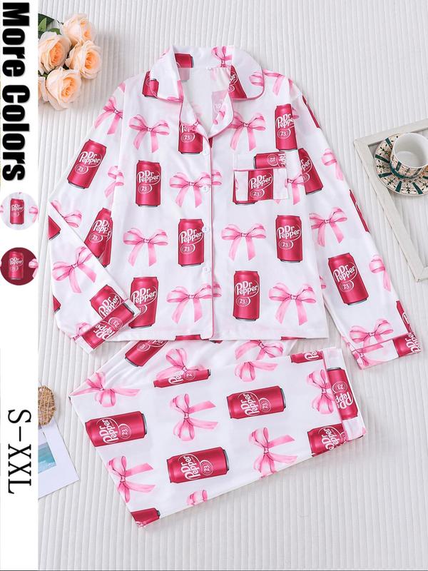 Women's Dr Pepper Pajama Set, Long Sleeve Soda Print Sleepwear, Cozy Soft Fabric Loungewear Gift for Fall and Winter