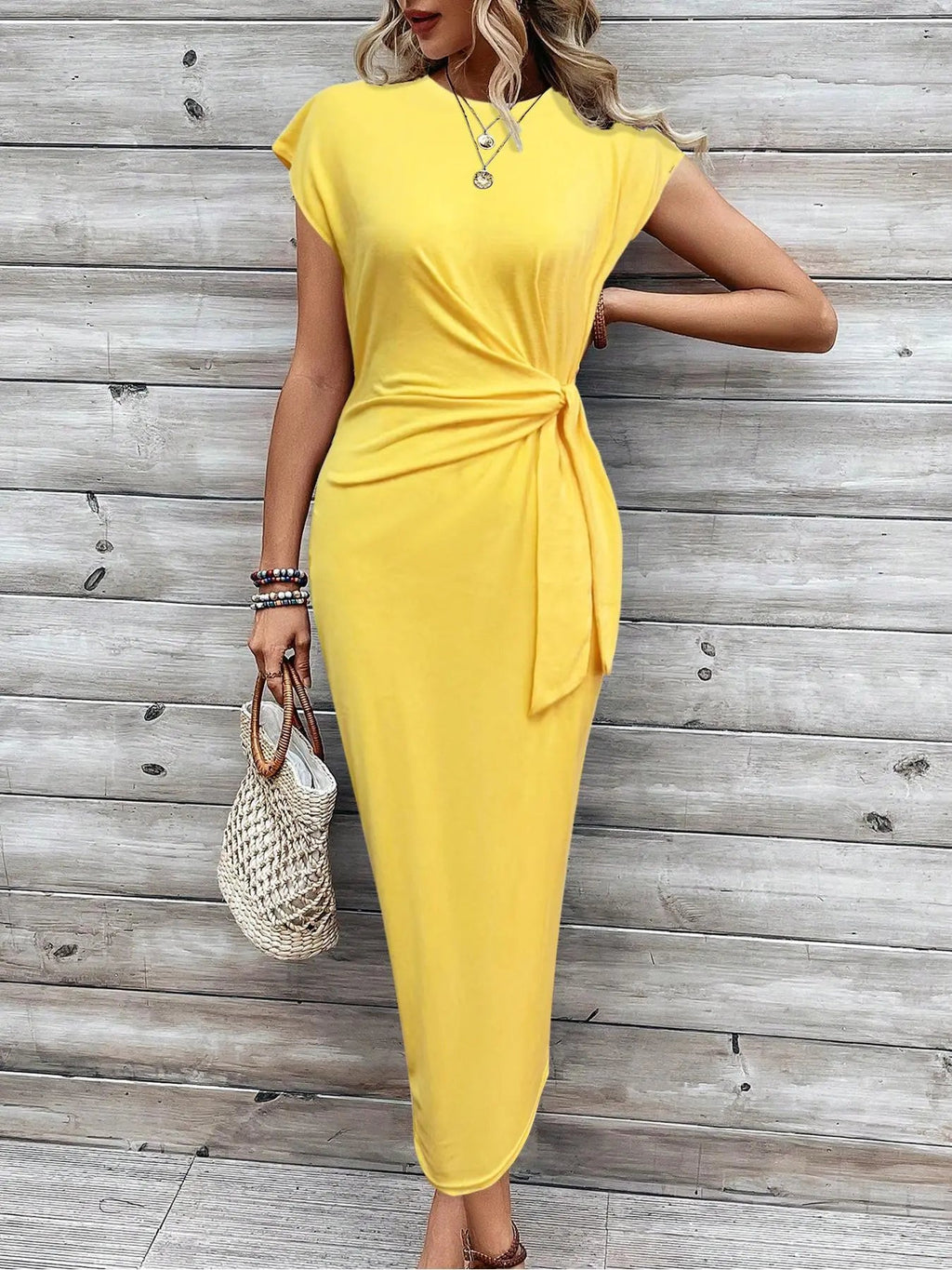 Women's Solid Color / Striped / All Over Print Knot Batwing Sleeve Dress, Casual Short Sleeve Round Neck Long Dress, Ladies Clothes for Beach Holiday