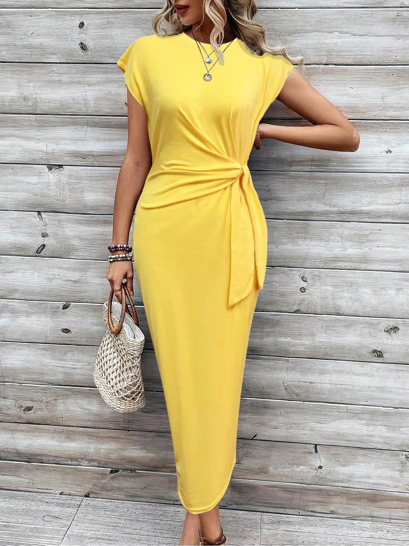 Women's Solid Color / Striped / All Over Print Knot Batwing Sleeve Dress, Casual Short Sleeve Round Neck Long Dress, Ladies Clothes for Beach Holiday