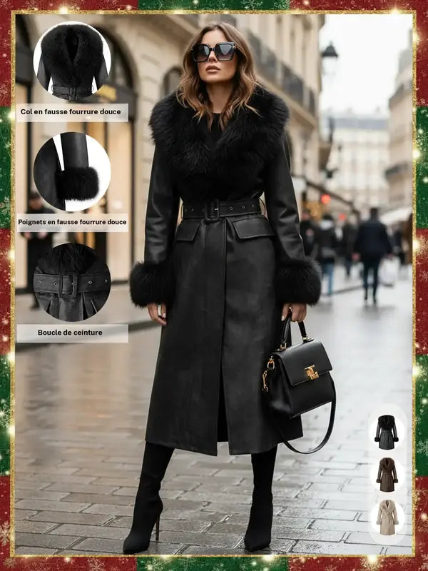 Women's Fall Winter Long Windproof Waterproof Jacket Coat, Comfortable Faux Fur Collar, Thick PU Leather, Slim Fit with Belted Design