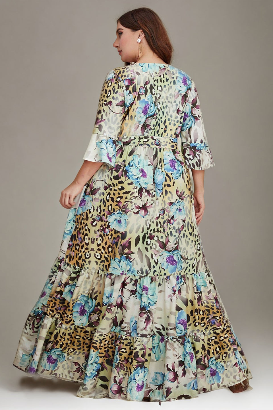 Curveins Plus Size Chiffon Floral Print Mid Sleeve Cinched Waist Maxi Dress