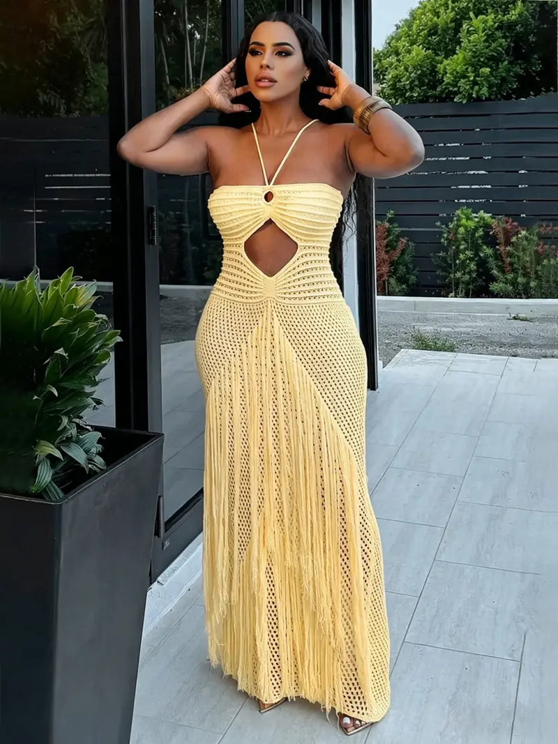 Women's crochet knit maxi dress with fringe, sexy cutout, open back, bohemian style; perfect for beach parties, summer vacations, and resort wear.
