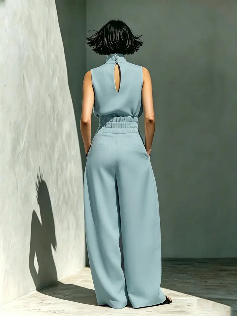Women's Two-Piece Set High Neck Sleeveless Top and Long Pants, Elegant Style High Waist Wide Leg Pants Set, Fashionable Ladies