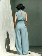 Women's Two-Piece Set High Neck Sleeveless Top and Long Pants, Elegant Style High Waist Wide Leg Pants Set, Fashionable Ladies