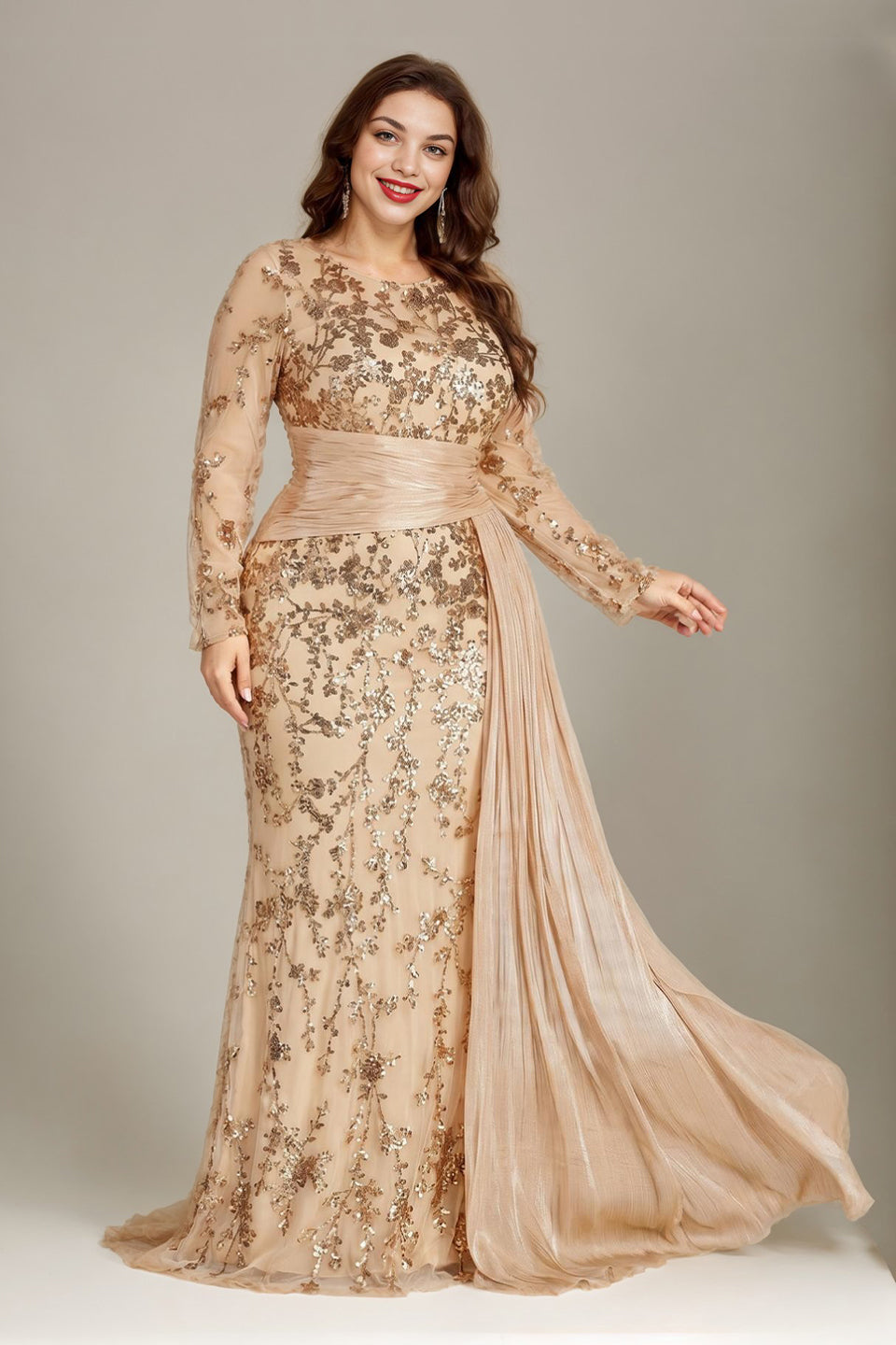 Curveins Plus Size Round Neck Embroidered Tie-Sash Bodycon Maxi Dress