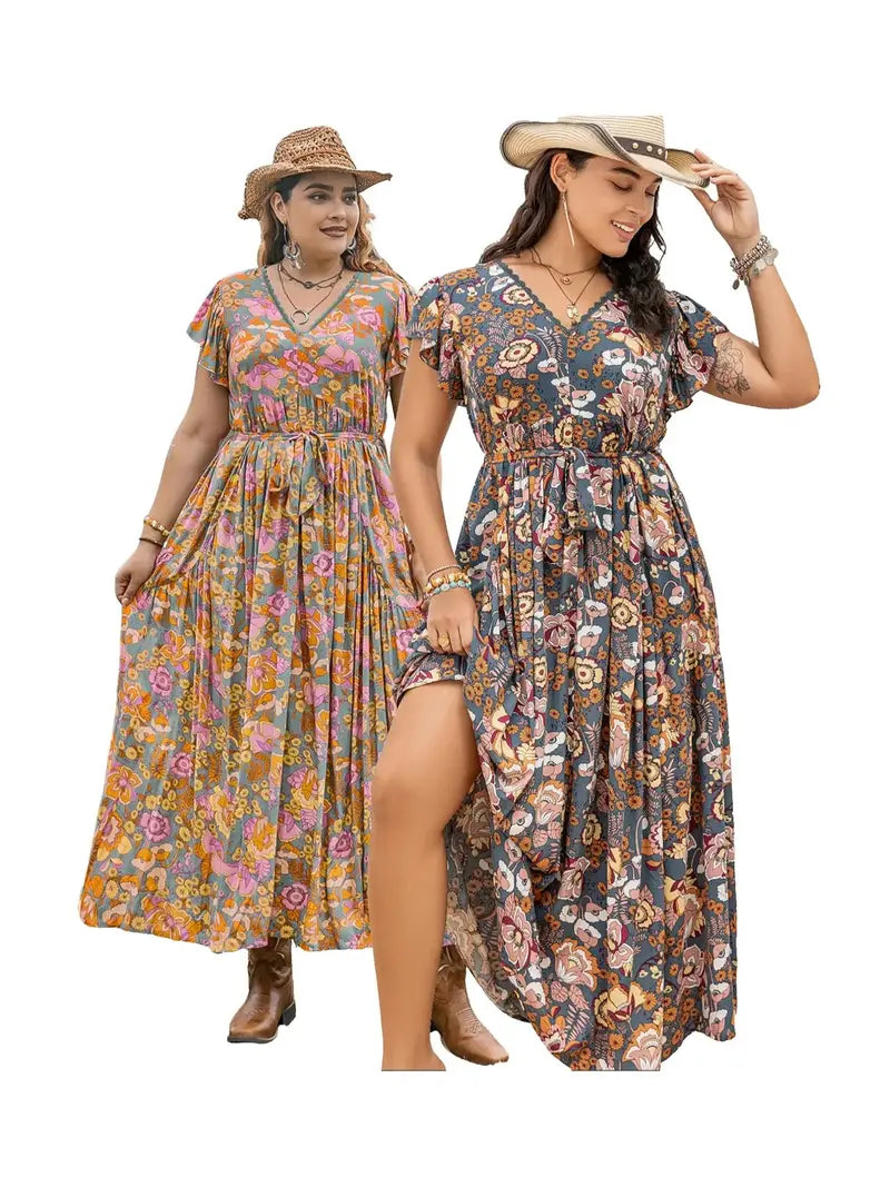 A-line dress with butterfly sleeves, belt, ruffled hem, and floral print