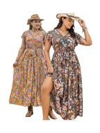 A-line dress with butterfly sleeves, belt, ruffled hem, and floral print