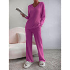 Women's Solid Drop Shoulder Pocket Lounge Set, Casual Long Sleeve V Neck Top & Straight Leg Pants Two-piece Set, Women's Sleepwear