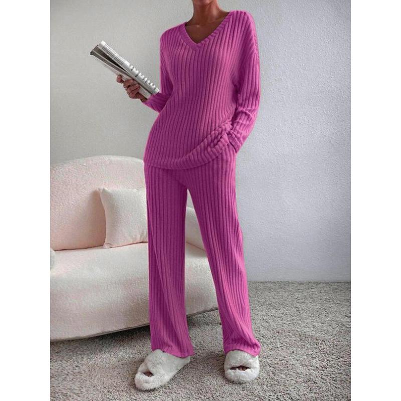 Women's Solid Drop Shoulder Pocket Lounge Set, Casual Long Sleeve V Neck Top & Straight Leg Pants Two-piece Set, Women's Sleepwear
