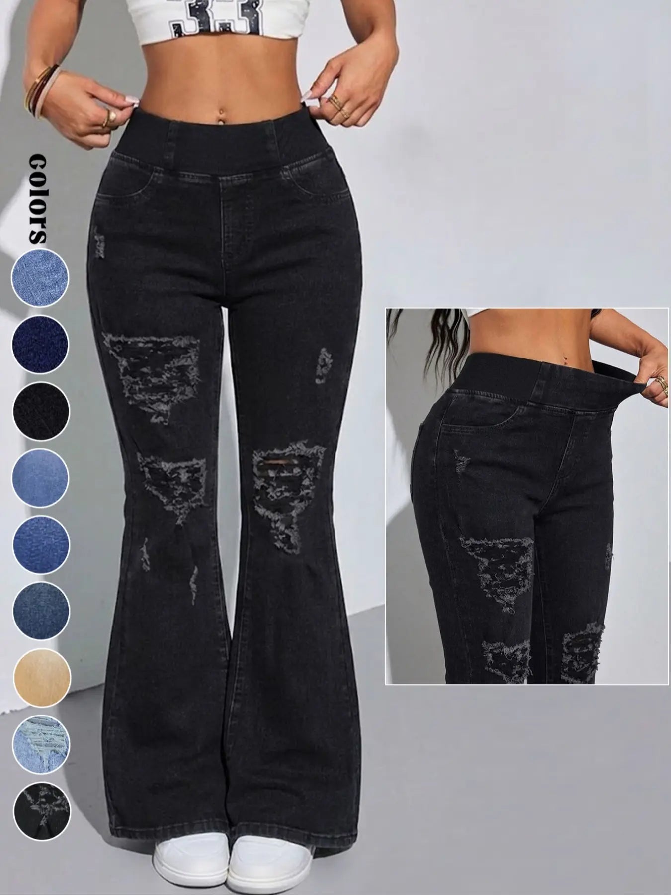 Y2K 2026 Women's Back Shirred Jeans,Mid-Rise Elasticity Waist Flared Jeans,With Pockets,Light Blue Washing Process,Women's Bell-Bottoms Wide-Leg Jeans,Waist - Cinching Design