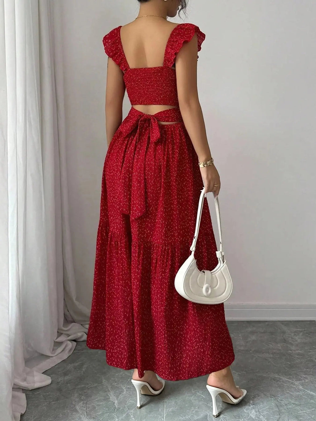 1 Piece Spring & Summer Ruffled Square Neck Polka Dot Maxi Dress