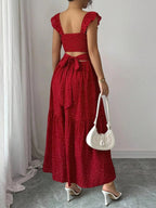 1 Piece Spring & Summer Ruffled Square Neck Polka Dot Maxi Dress