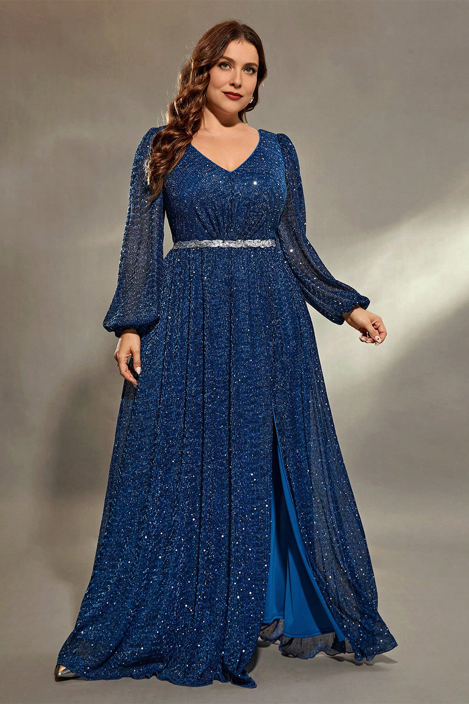 Curveins Plus Size V-Neck Long Sleeve Sequin Maxi Dress with Waist Tie and Side Slit