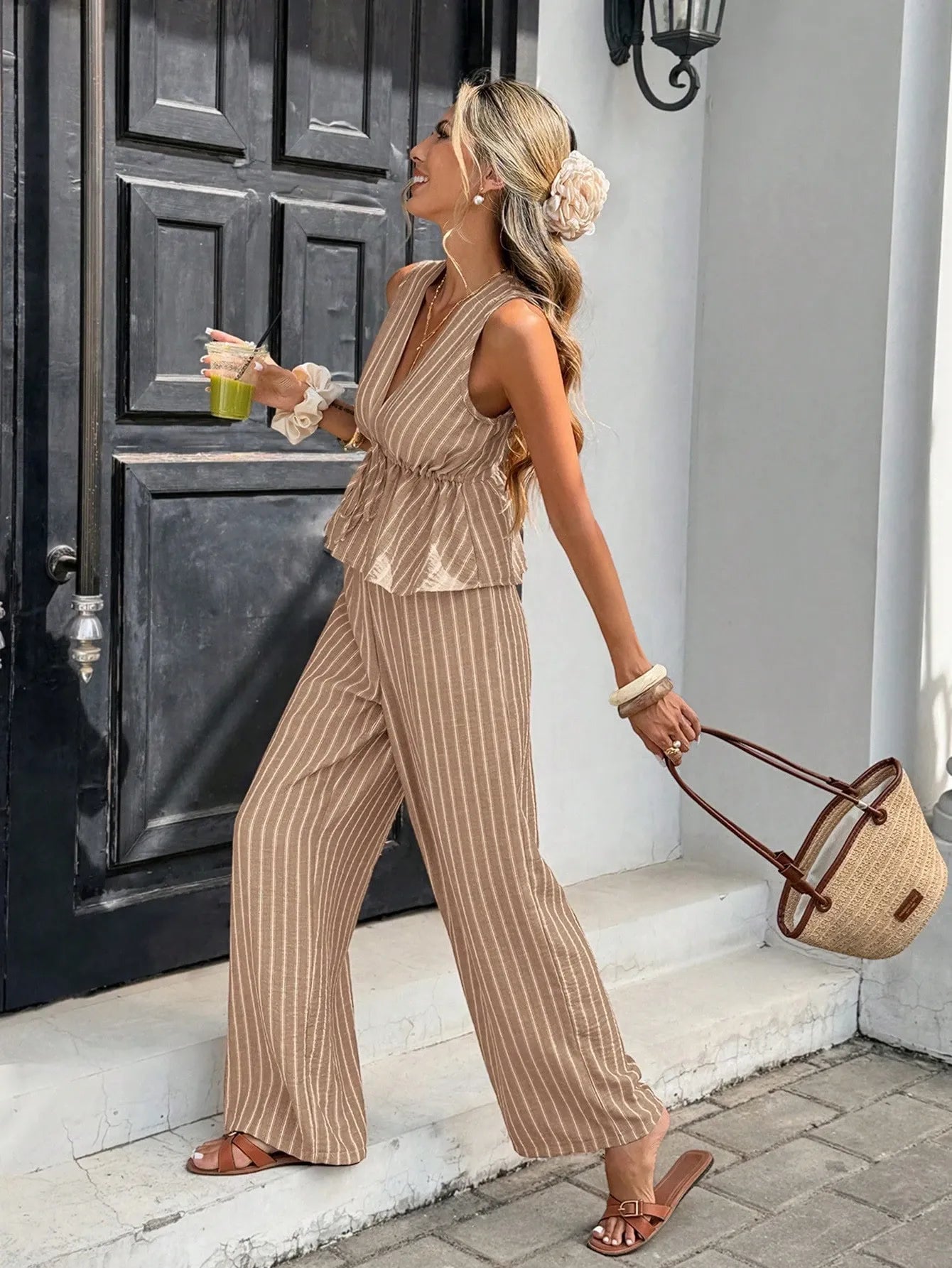 Women's Striped Two-Piece Set: Sleeveless Tie-Waist Top and Relaxed Long Pants — Vintage Bohemian Style, Commuter Outfit