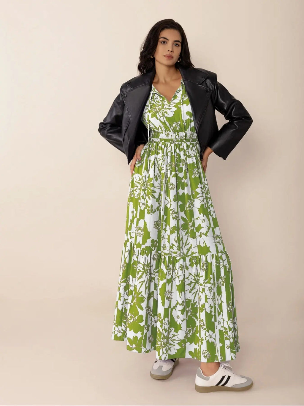 Women's Boho Floral Print Lantern Sleeve Dress, Fitted Waist Tie Design, Loose Fit Comfortable Casual Long Sleeve Dress for Fall Winter