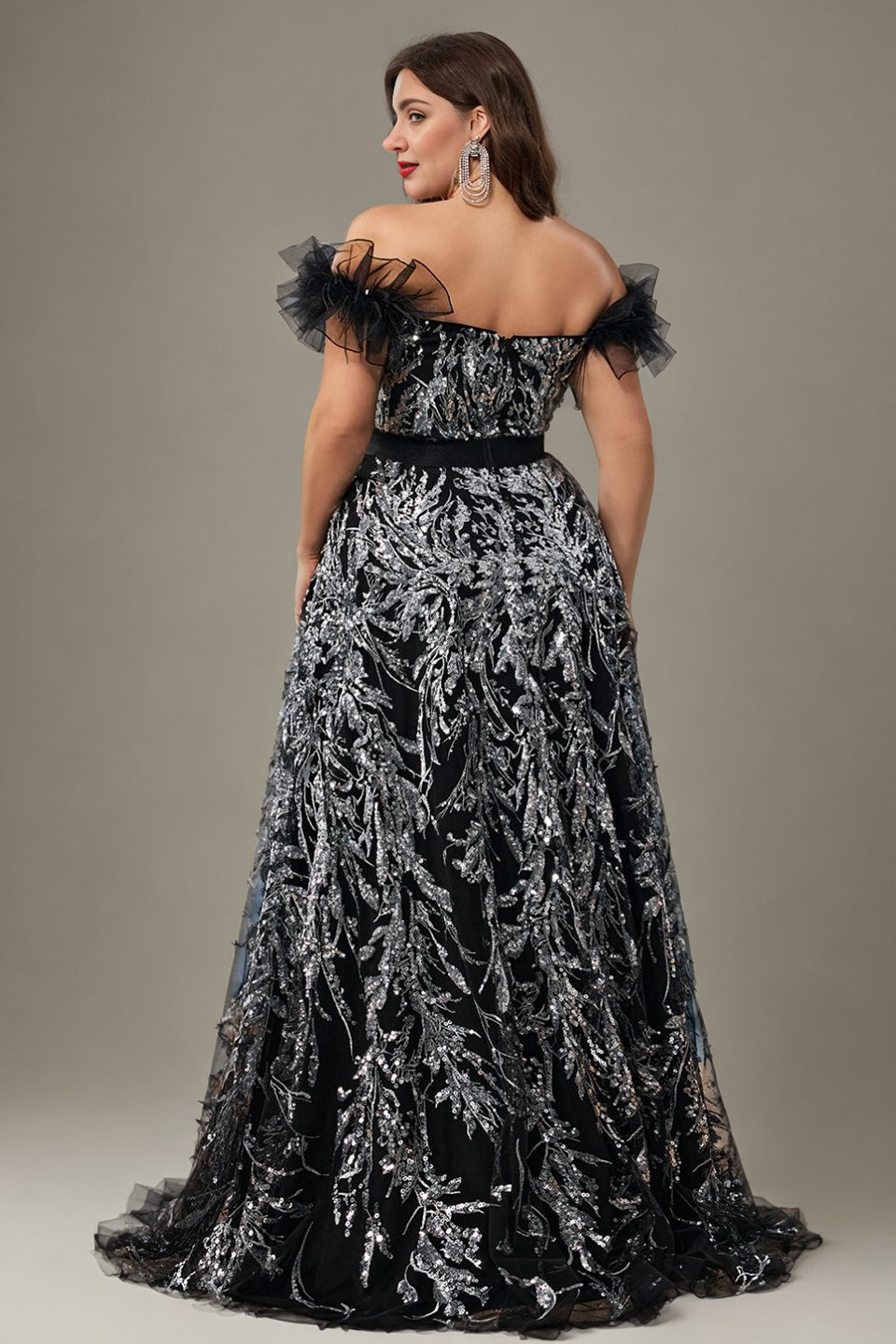 Curveins Plus Size Off Shoulder Sequin Pattern Cinched Waist Maxi Dress