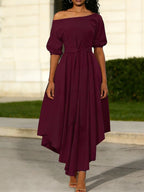 Women's Plain Belted Split Boat Neck Dress