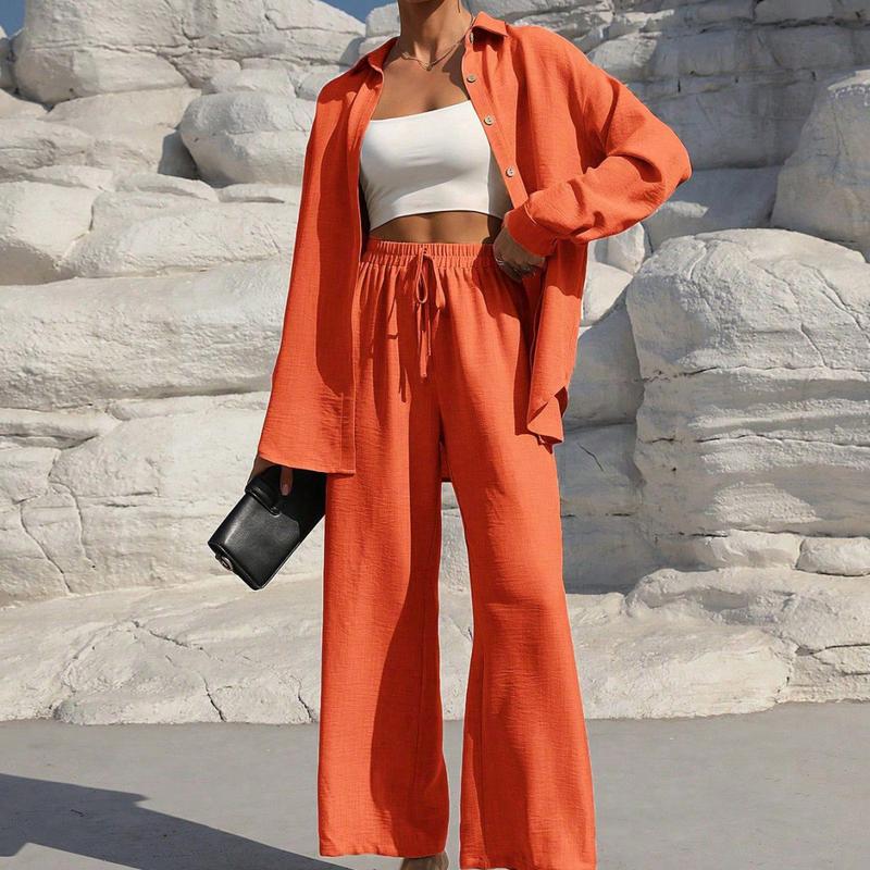 Women's Solid Button Front Shirt & Tie Front Wide Leg Pants Two-piece Set, Casual Drop Shoulder Long Sleeve Blouse Top & Trousers 2 Piece Set for Spring & Fall, Women's Clothes for Daily Wear Womenswear Suits Apricot Basic Minimalist