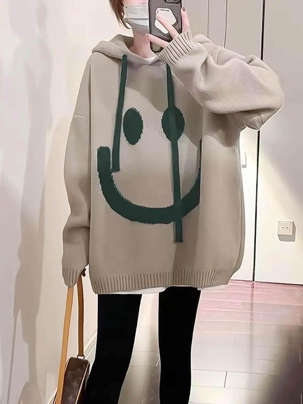 Women's Cartoon Face Print Drop Shoulder Hooded Sweater, Fashion Casual Long Sleeve Drawstring Hooded Sweater for Daily Holiday Outdoor Wear, Women Knitwear for Fall & Winter, Sweaters for Women