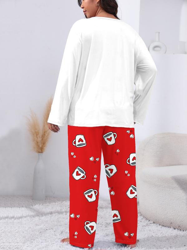 Plus Size Heart Coffee Letter Print Comfortable 2-Piece Pajama Set, Long Sleeve Top & Pants, Casual Fitted Sleepwear for All Seasons