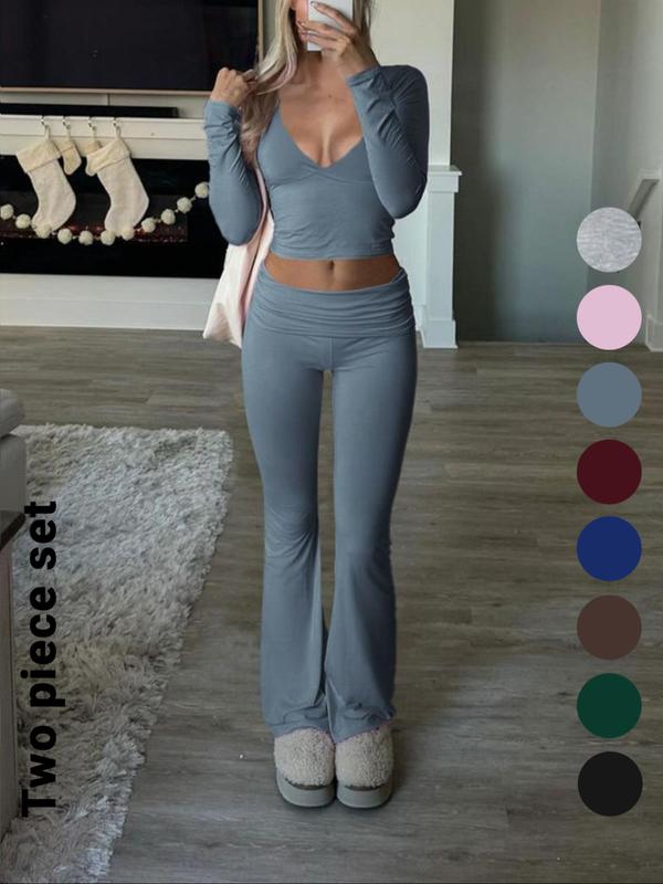 Elegant Casual V-Neck Long Sleeve Two-Piece Set, Slim-Fit Crop Top & Pants for Fall Winter, Moderate Fabric, Plain Color Design