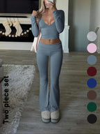Elegant Casual V-Neck Long Sleeve Two-Piece Set, Slim-Fit Crop Top & Pants for Fall Winter, Moderate Fabric, Plain Color Design