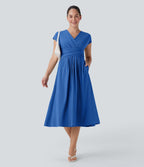 Casual midi dress, V-neck, short sleeves, side pockets, tie-back detail, quick-drying