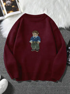 Unisex Cartoon Bear Print Crew Neck Sweater, Casual Loose Long Sleeve Jumper for Fall & Winter, Fashion Ladies' Knitwear for Daily Wear