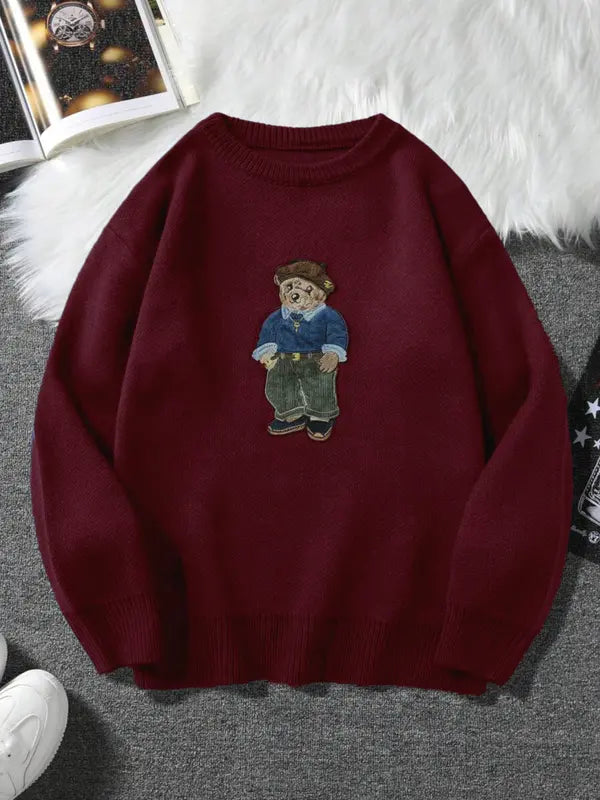 Unisex Cartoon Bear Print Crew Neck Sweater, Casual Loose Long Sleeve Jumper for Fall & Winter, Fashion Ladies' Knitwear for Daily Wear