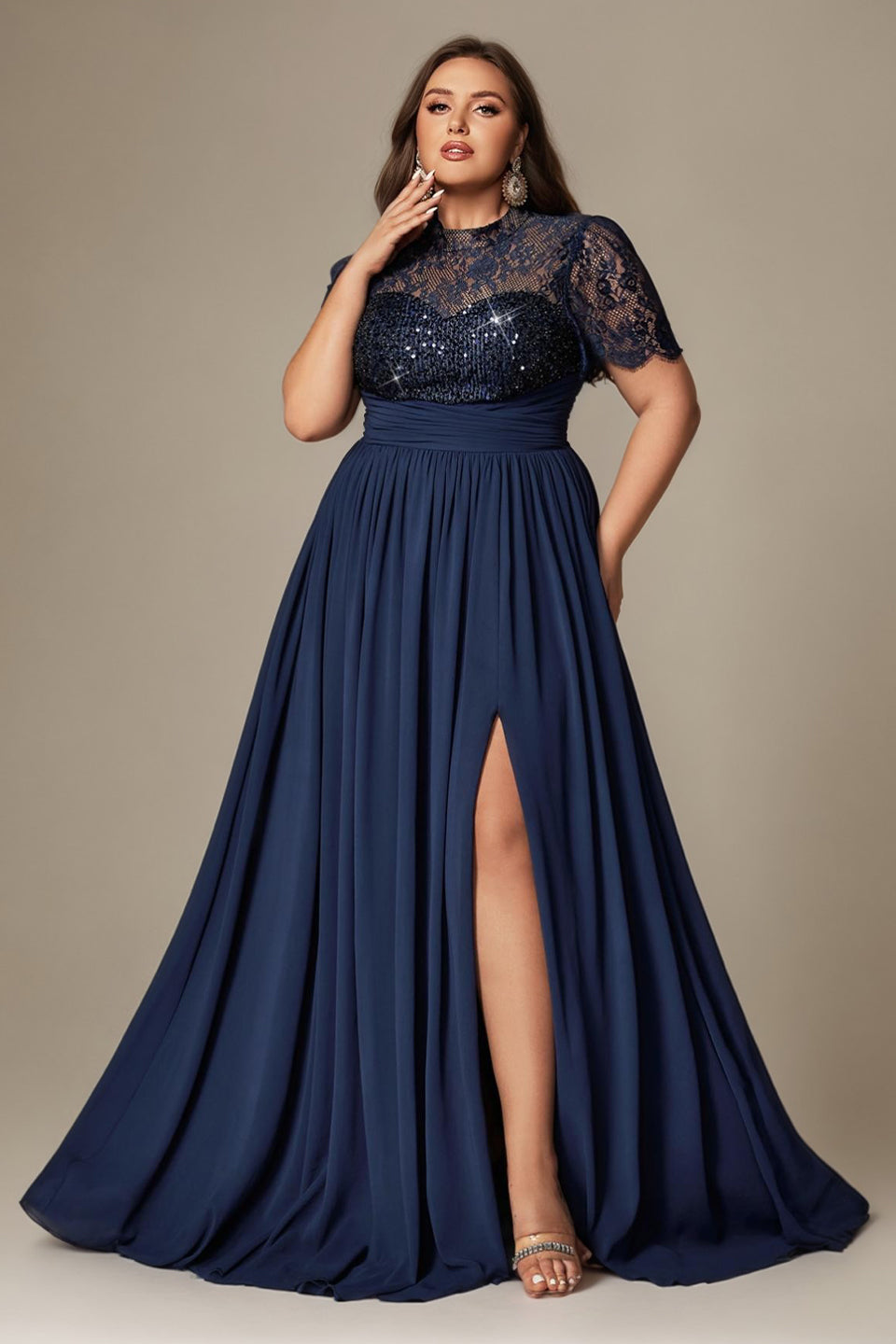 Curveins Plus Size Round Neck Embroidered Sequin-Detail Split Long Dress