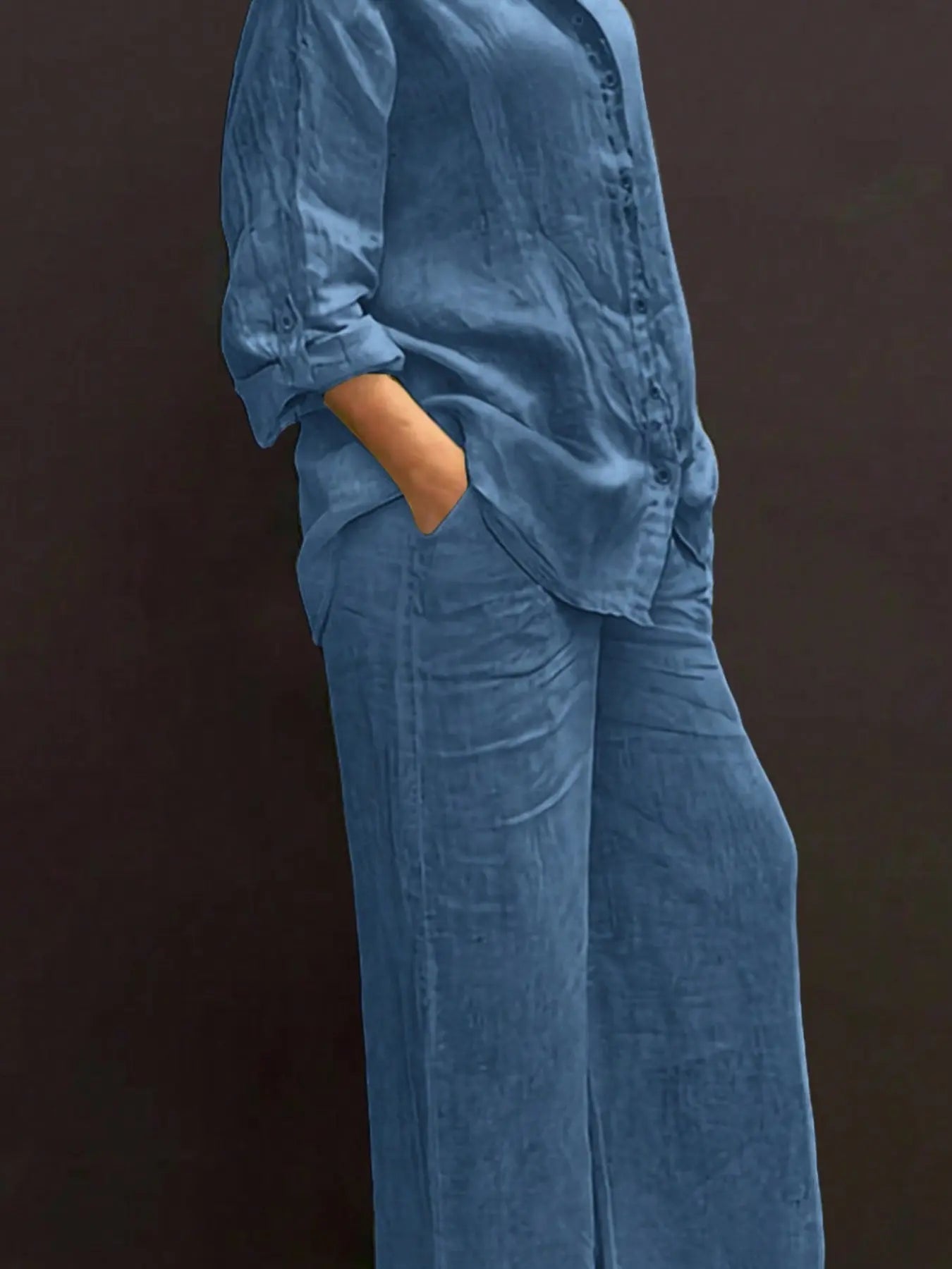 Women's Solid Color Shirt & Wide Leg Pants Set, Casual Fashion Cozy Breathable Two-piece Outfits for Daily Outdoor Wear, Women Clothes for Spring Fall