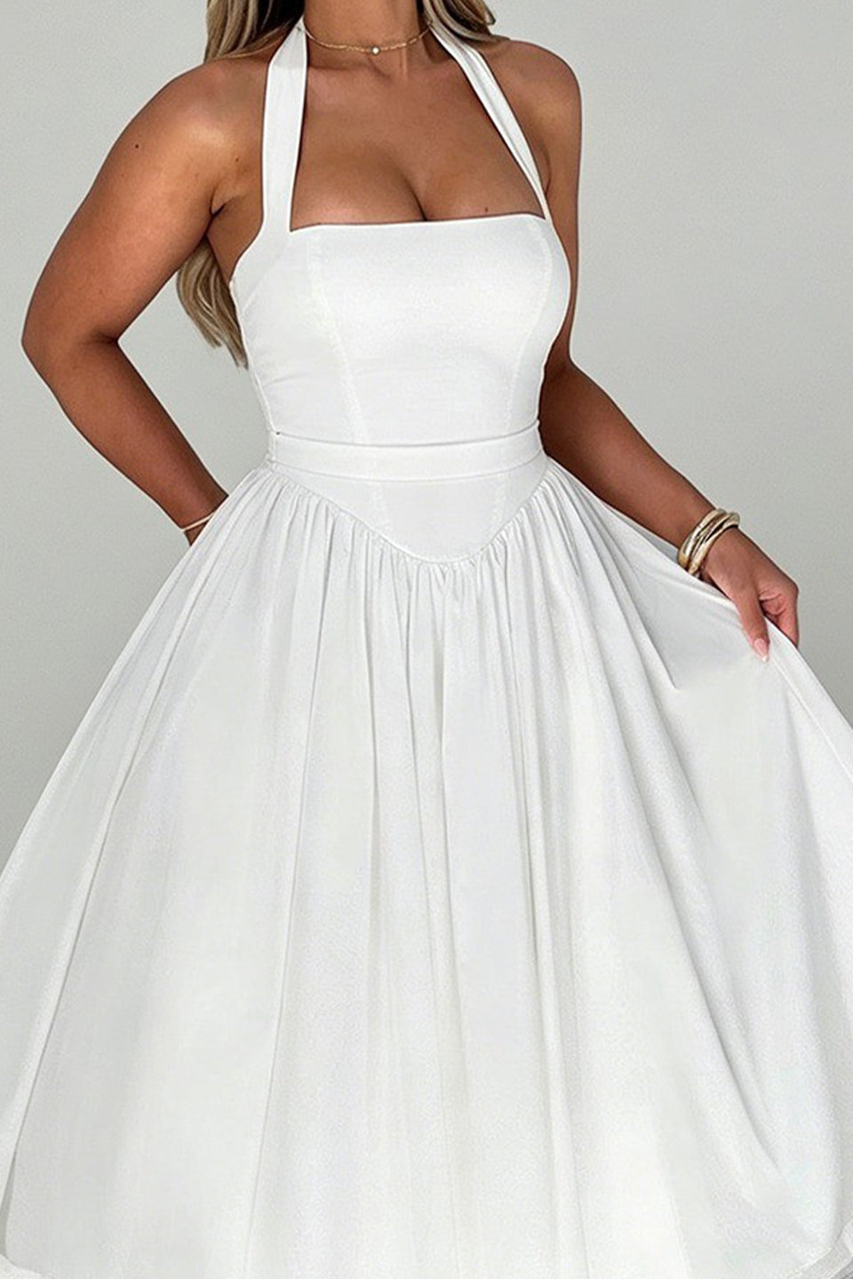 Curveins Plus Size Halter Neck Spaghetti Strap Sleeveless Puff Skirt Midi Dress