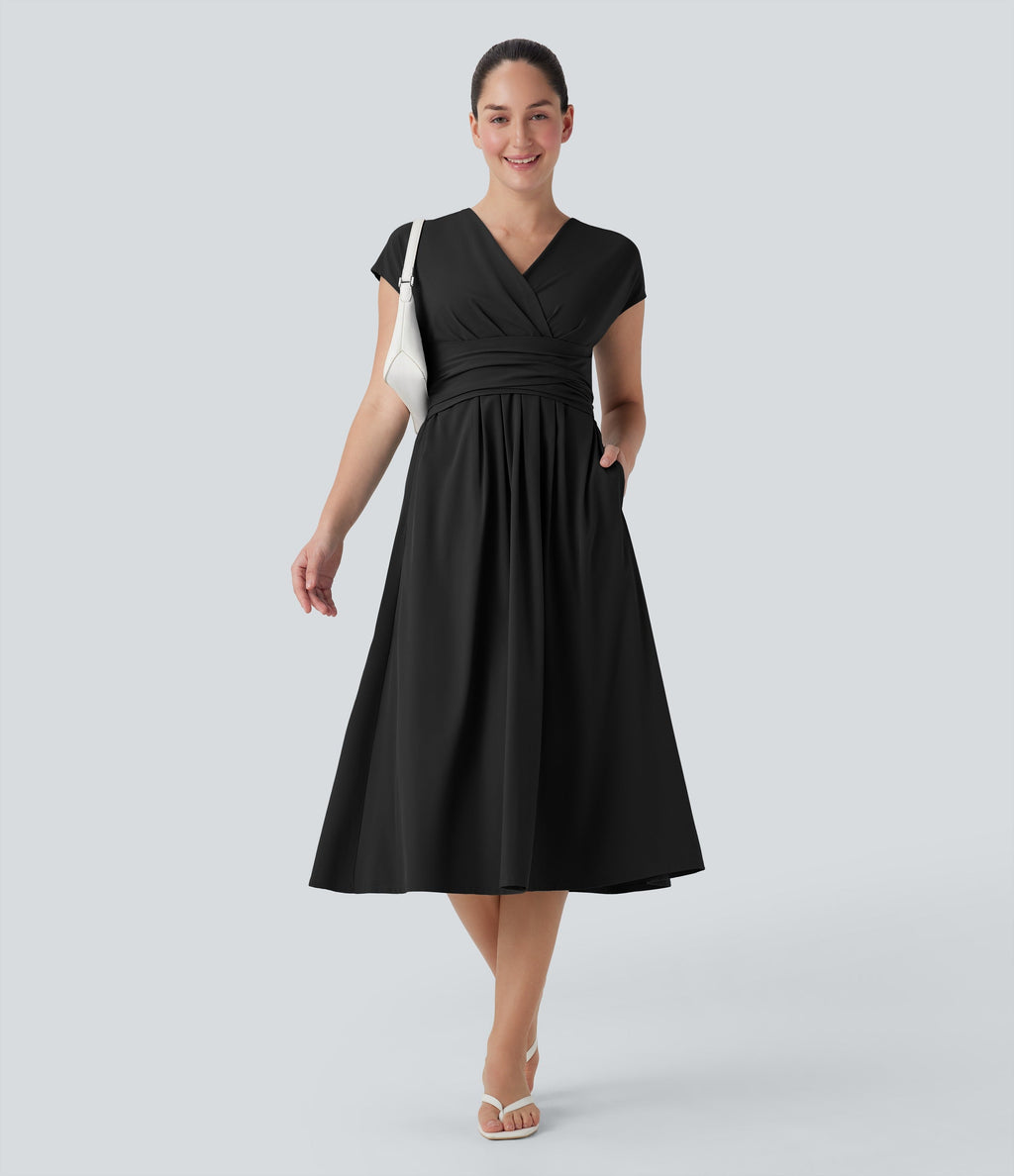 Casual midi dress, V-neck, short sleeves, side pockets, tie-back detail, quick-drying