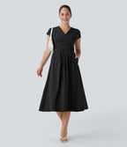 Casual midi dress, V-neck, short sleeves, side pockets, tie-back detail, quick-drying