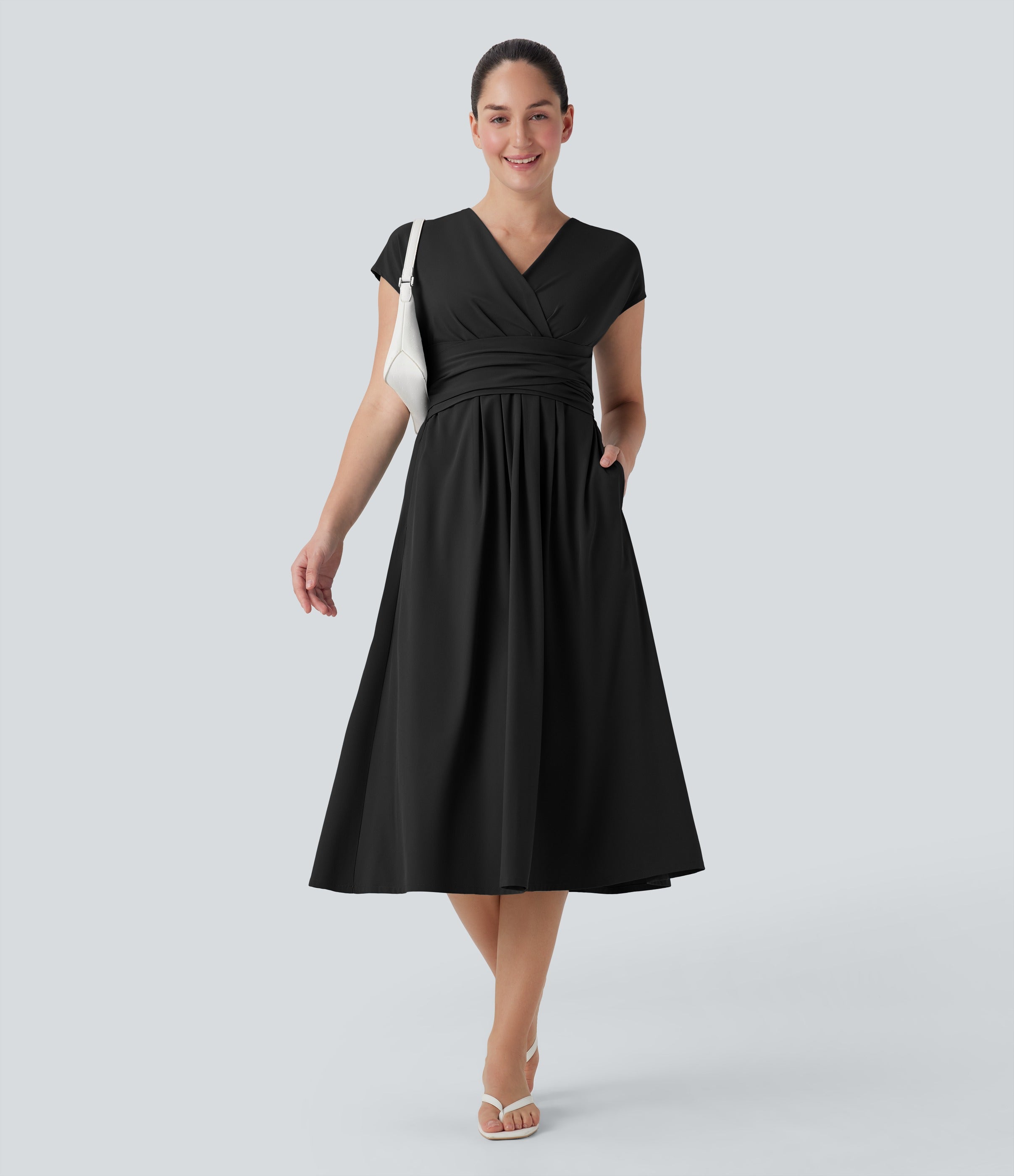 Casual midi dress, V-neck, short sleeves, side pockets, tie-back detail, quick-drying
